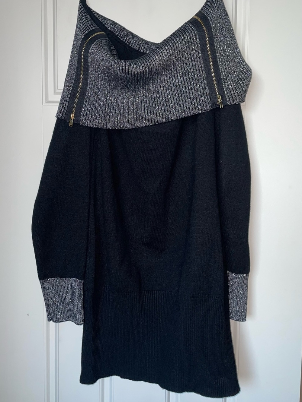 Off-Shoulder Knit Sweater in Black with Silver Trim